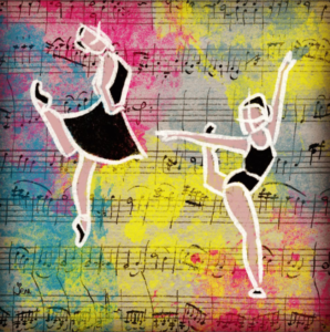 The image is of two drawn dancers with black outfits, on a background with sheet music and colours