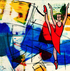 The image is a line drawing of a dancer with a red dress and one leg raised, with lines and blocks of colour in the background